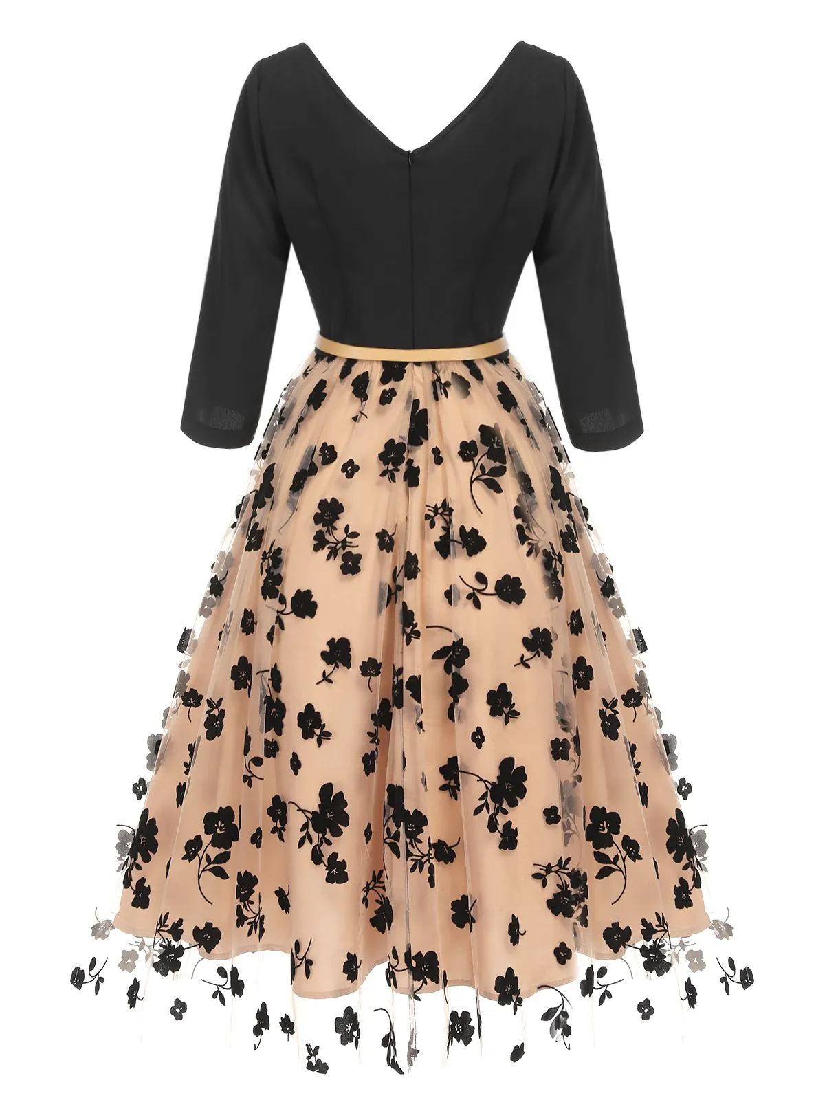 Beige 1950s Floral Mesh Patchwork Belt Dress sold by Retro Stage product image thumbnail 4