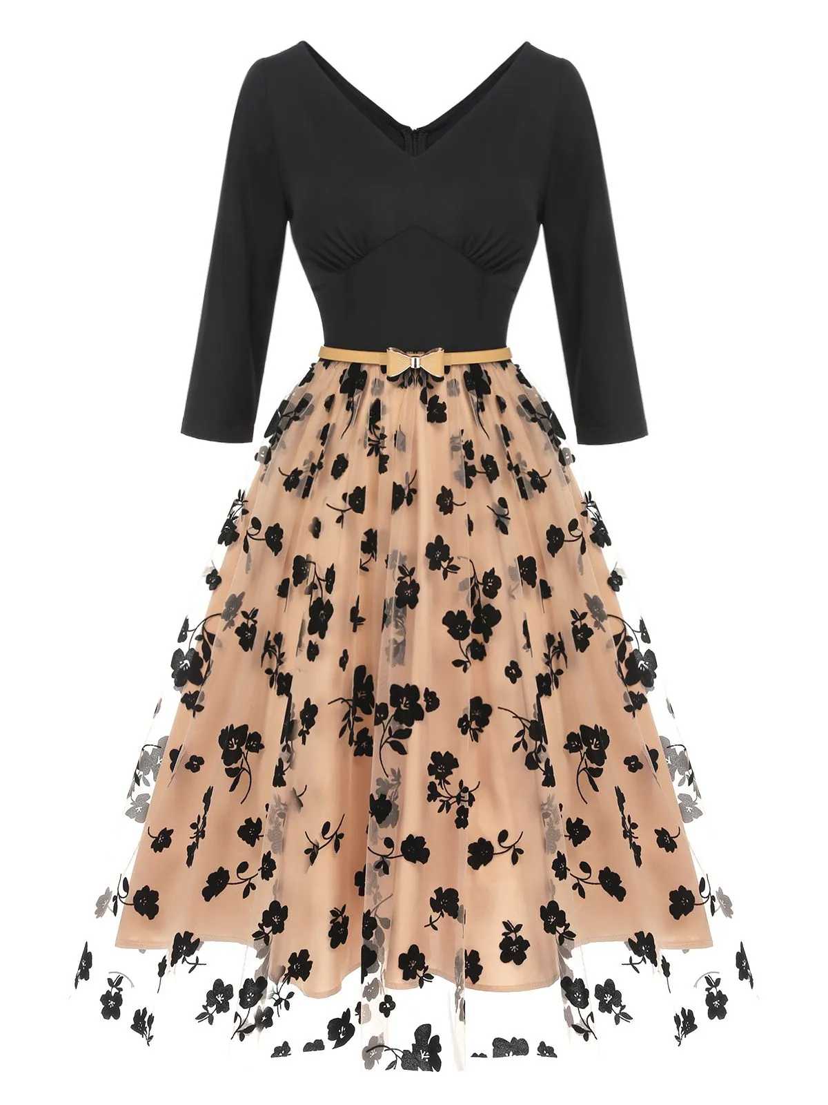 Beige 1950s Floral Mesh Patchwork Belt Dress sold by Retro Stage product image thumbnail 2