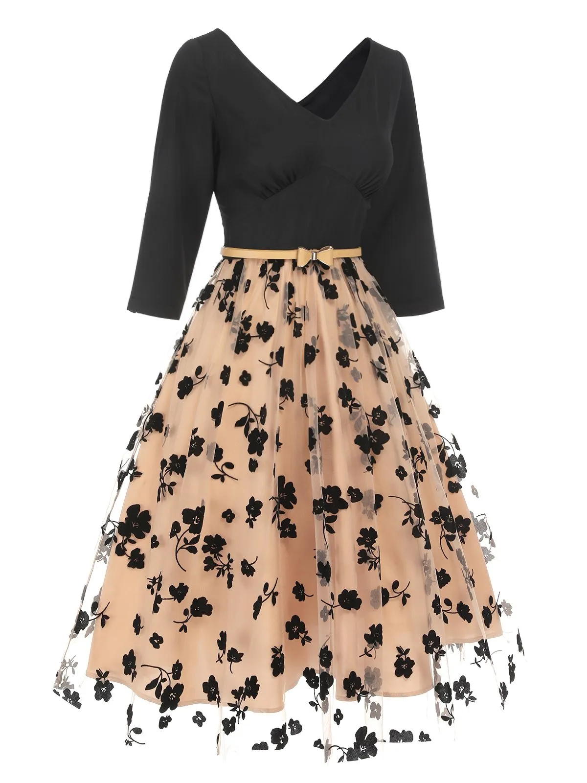 Beige 1950s Floral Mesh Patchwork Belt Dress sold by Retro Stage product image thumbnail 3