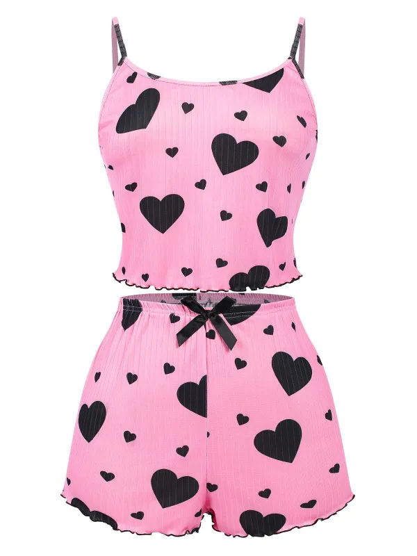 Pink 1950s Spaghetti Strap Bow Heart Pajama sold by Retro Stage