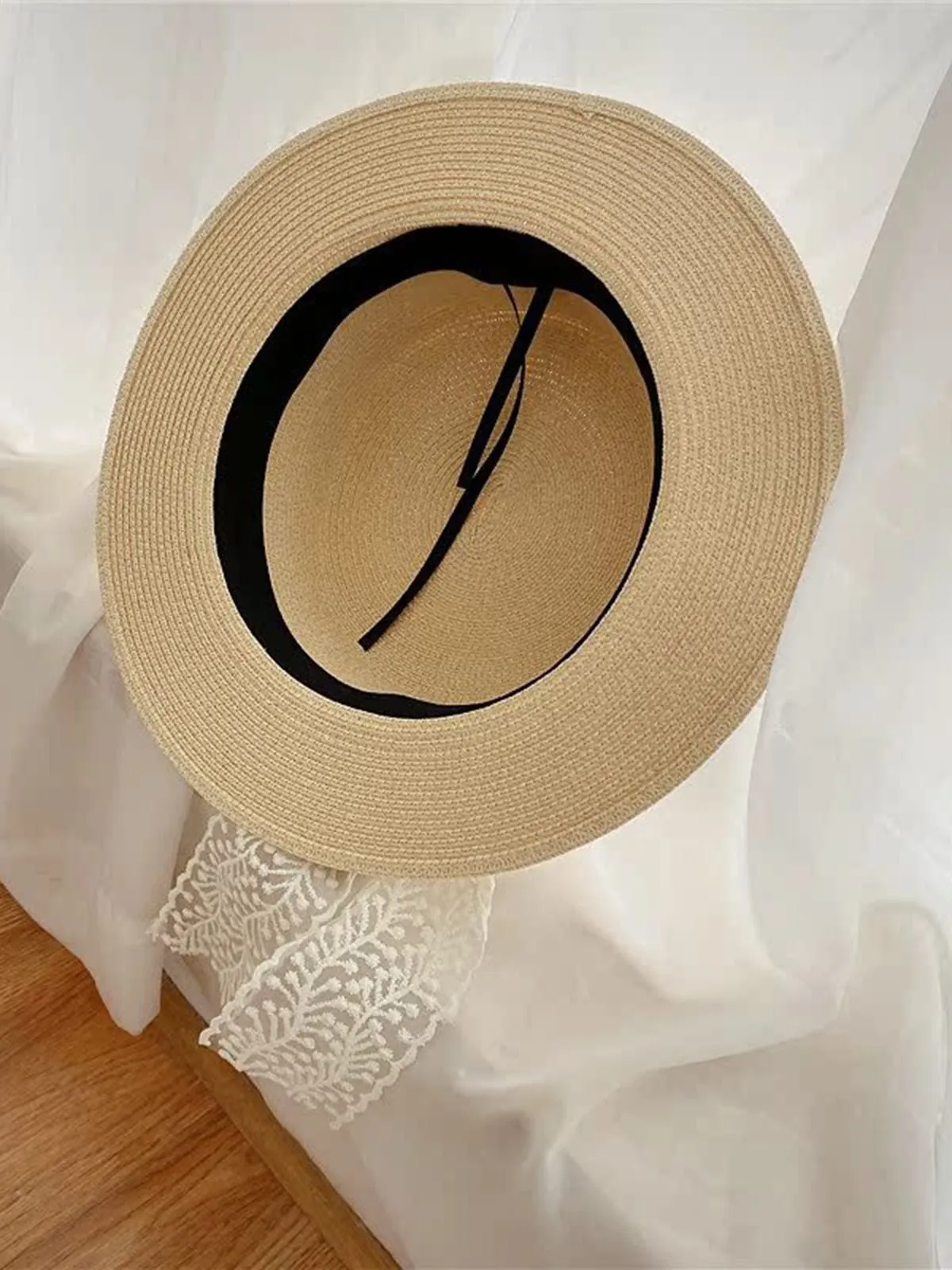 Light Khaki Vintage Ribbon Straw Sun Hat sold by Retro Stage product image thumbnail 4