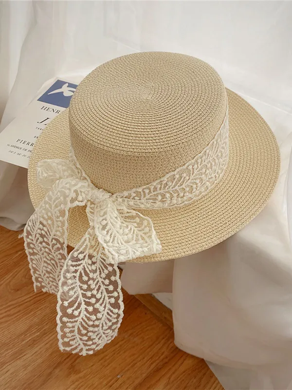 Light Khaki Vintage Ribbon Straw Sun Hat sold by Retro Stage