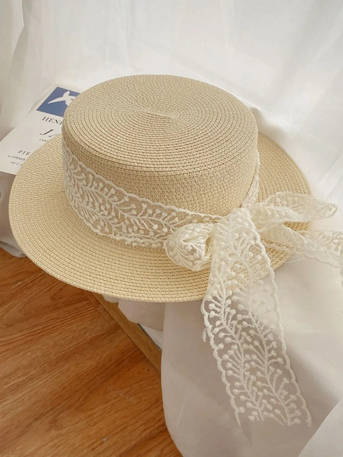 Light Khaki Vintage Ribbon Straw Sun Hat sold by Retro Stage product image thumbnail 3