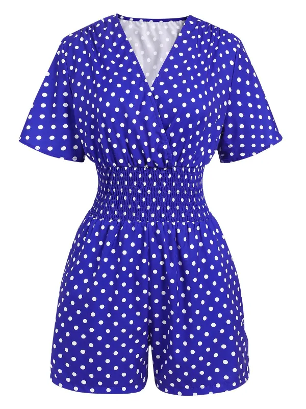 Blue 1940s V-Neck Polka Dots Romper sold by Retro Stage