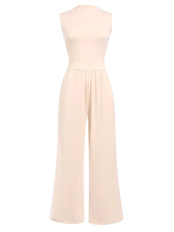 Beige 1940s Solid High Neck Jumpsuit sold by Retro Stage