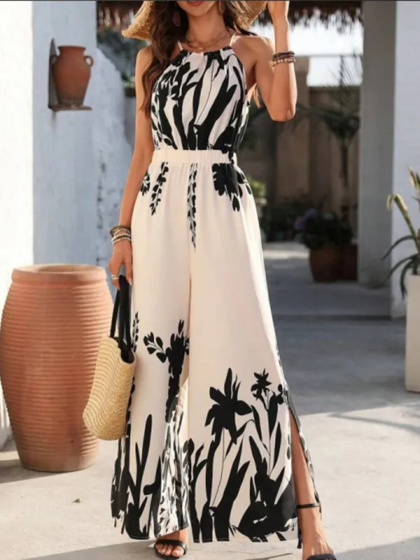 White 1930s Silhouette Plants Spaghetti Straps Jumpsuit sold by Retro Stage