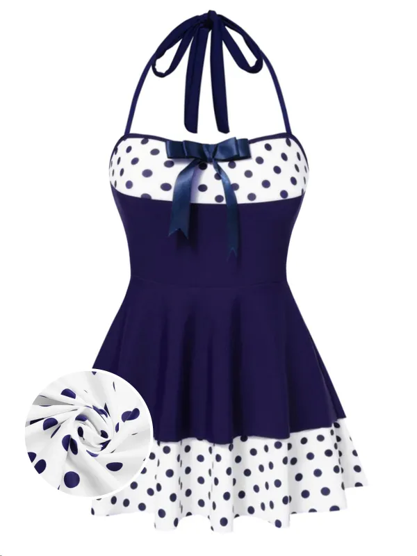 Blue 1940s Polka Dots Patchwork Halter Swimdress sold by Retro Stage