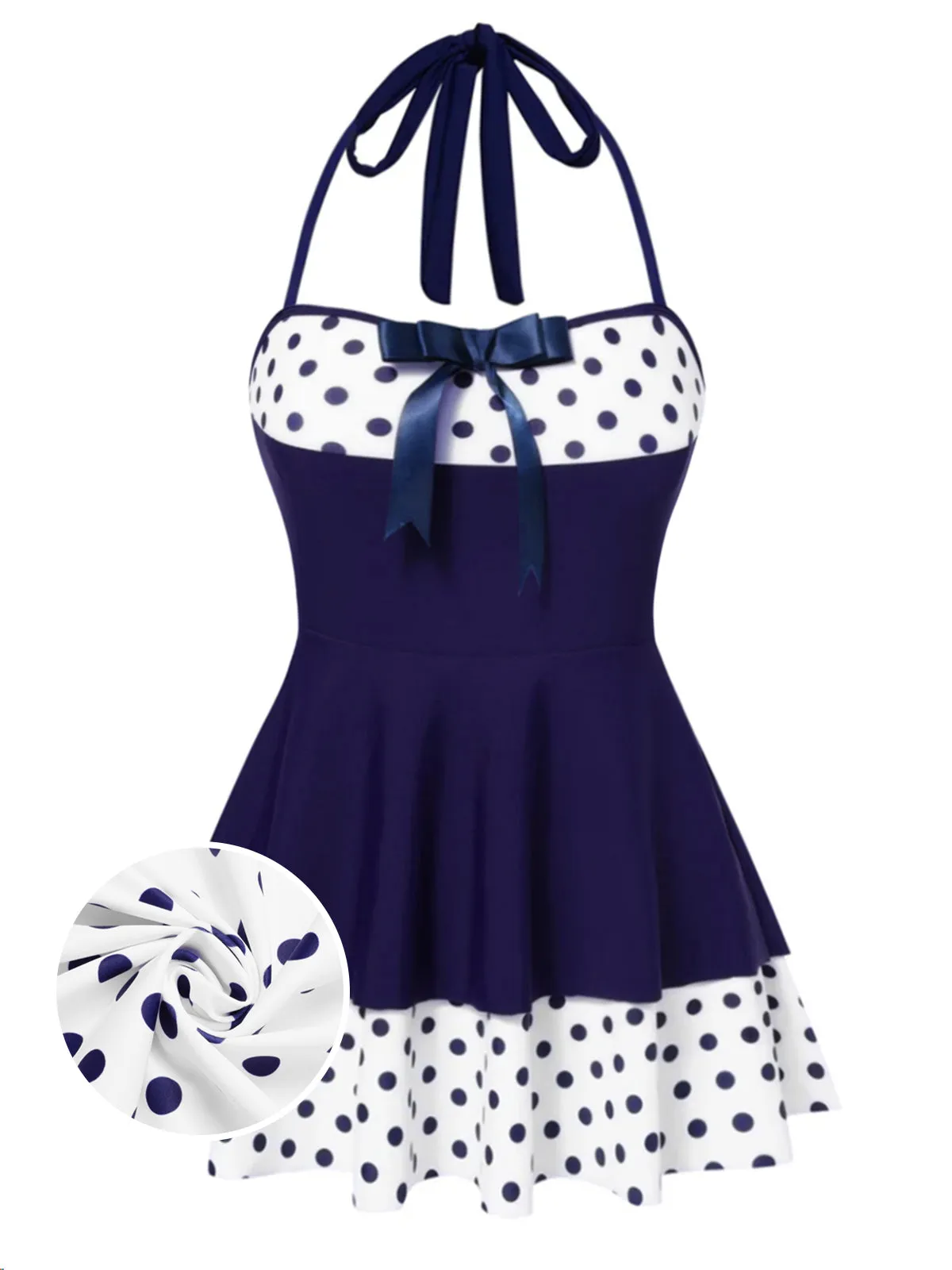 Blue 1940s Polka Dots Patchwork Halter Swimdress sold by Retro Stage