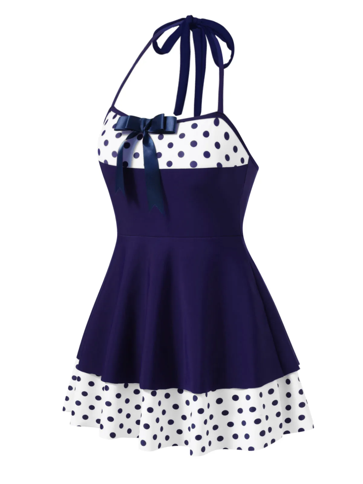 Blue 1940s Polka Dots Patchwork Halter Swimdress sold by Retro Stage product image thumbnail 3