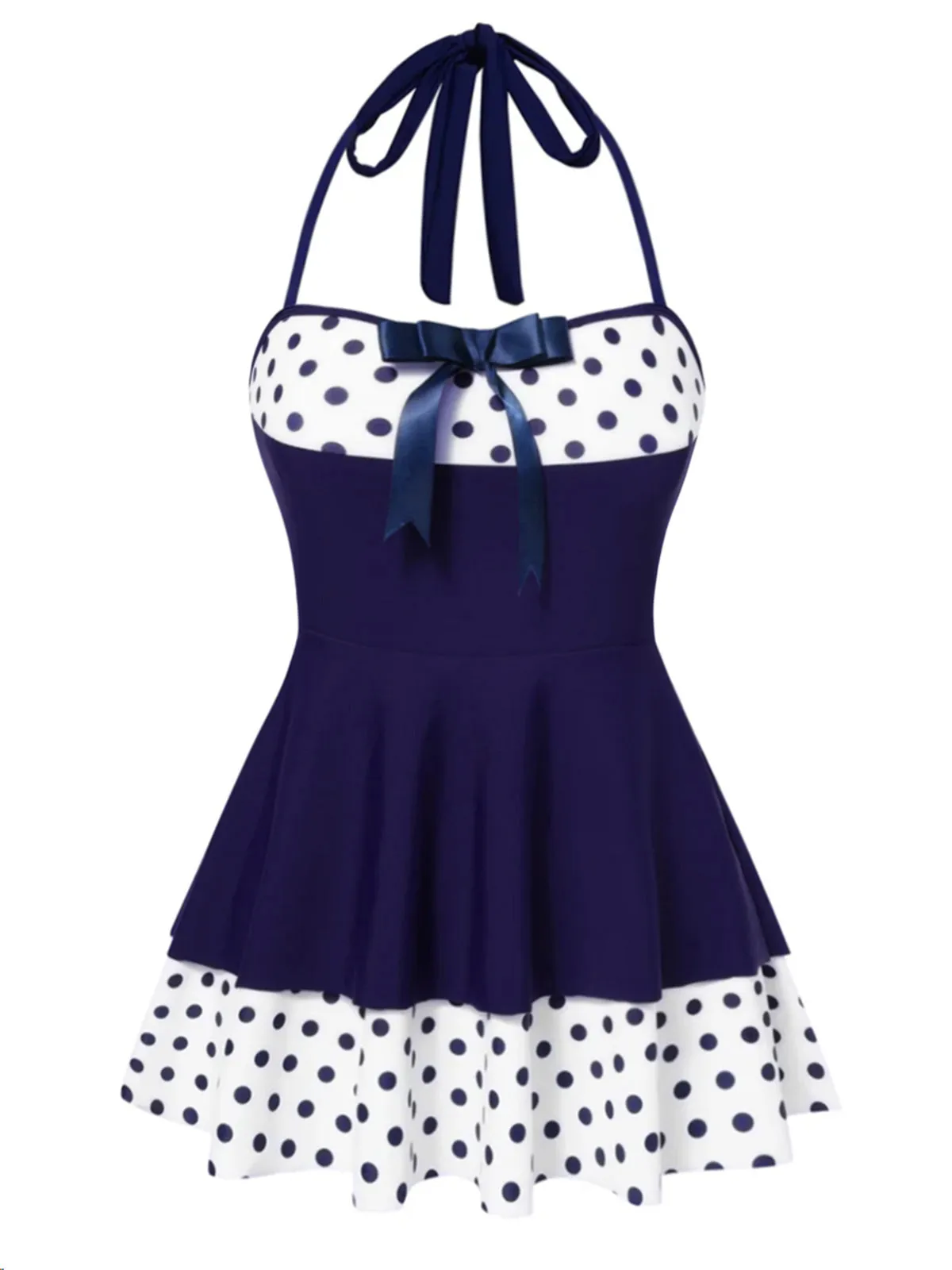 Blue 1940s Polka Dots Patchwork Halter Swimdress sold by Retro Stage product image thumbnail 2