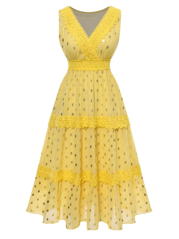 Yellow 1950s Lace Patchwork Polka Dots Dress sold by Retro Stage