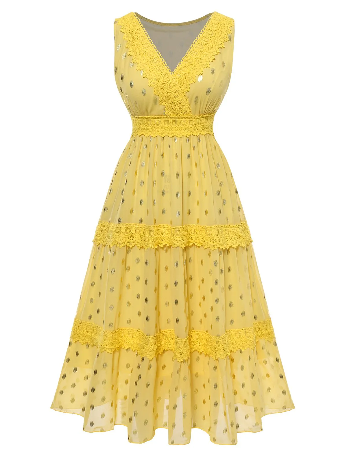 Yellow 1950s Lace Patchwork Polka Dots Dress sold by Retro Stage