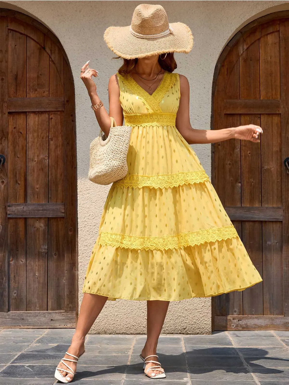 Yellow 1950s Lace Patchwork Polka Dots Dress sold by Retro Stage product image thumbnail 4