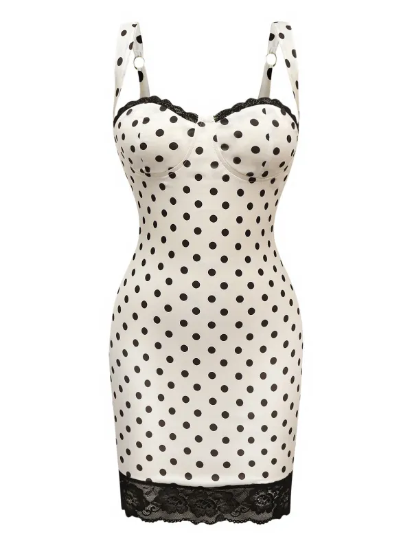 White 1960s Polka Dots Lace Patchwork Bodycon Dress sold by Retro Stage