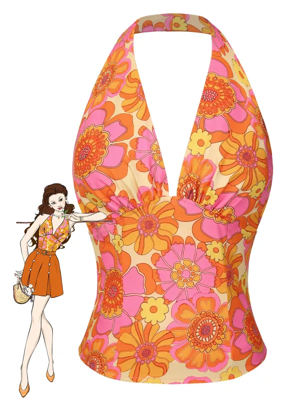 Orange 1960s Hippie Floral Halter Top sold by Retro Stage