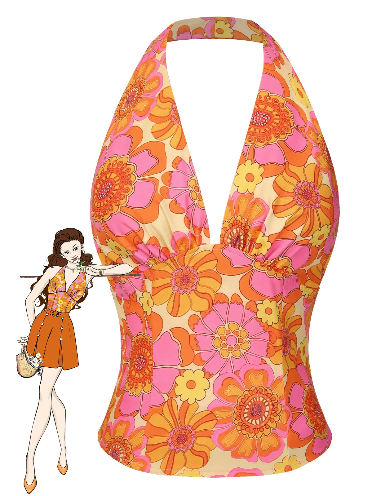 Orange 1960s Hippie Floral Halter Top sold by Retro Stage