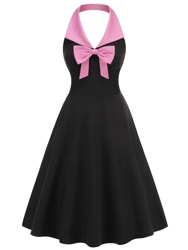 Black 1950s Halter Bow Patchwork A-line Dress sold by Retro Stage