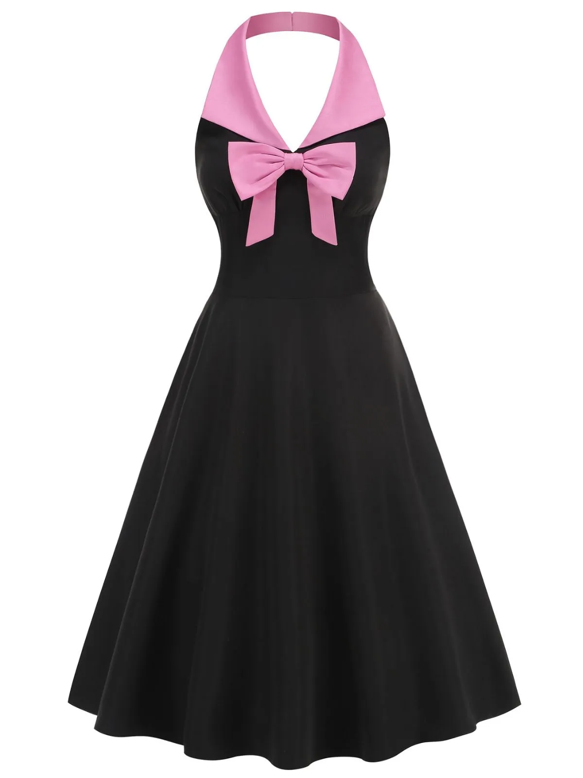 Black 1950s Halter Bow Patchwork A-line Dress sold by Retro Stage