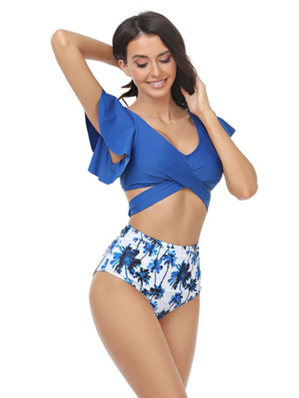 Dark Blue 1950s Tropical Print Ruffles Lace-Up Swimsuit sold by Retro Stage product image thumbnail 2