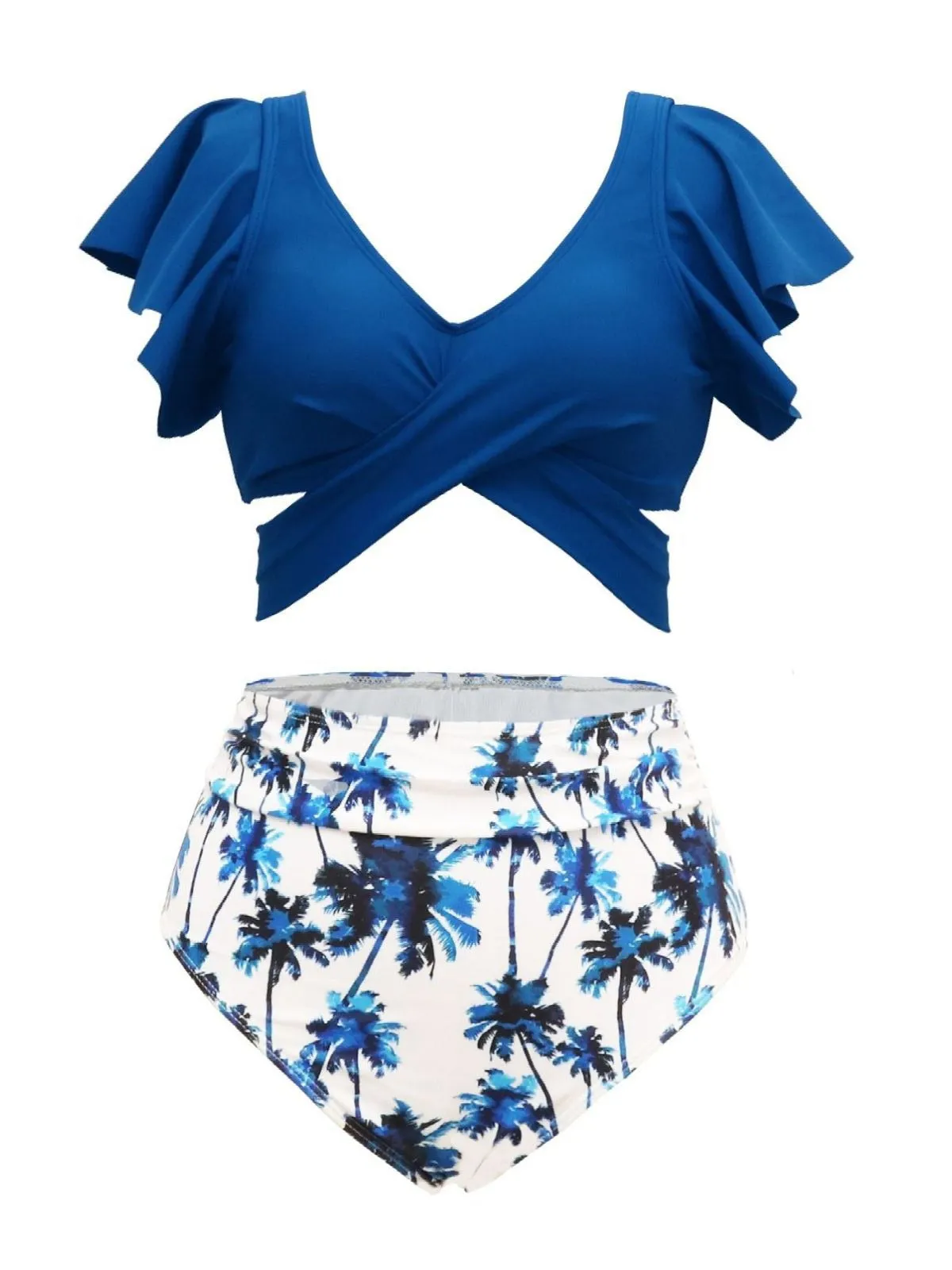 Dark Blue 1950s Tropical Print Ruffles Lace-Up Swimsuit sold by Retro Stage product image thumbnail 4