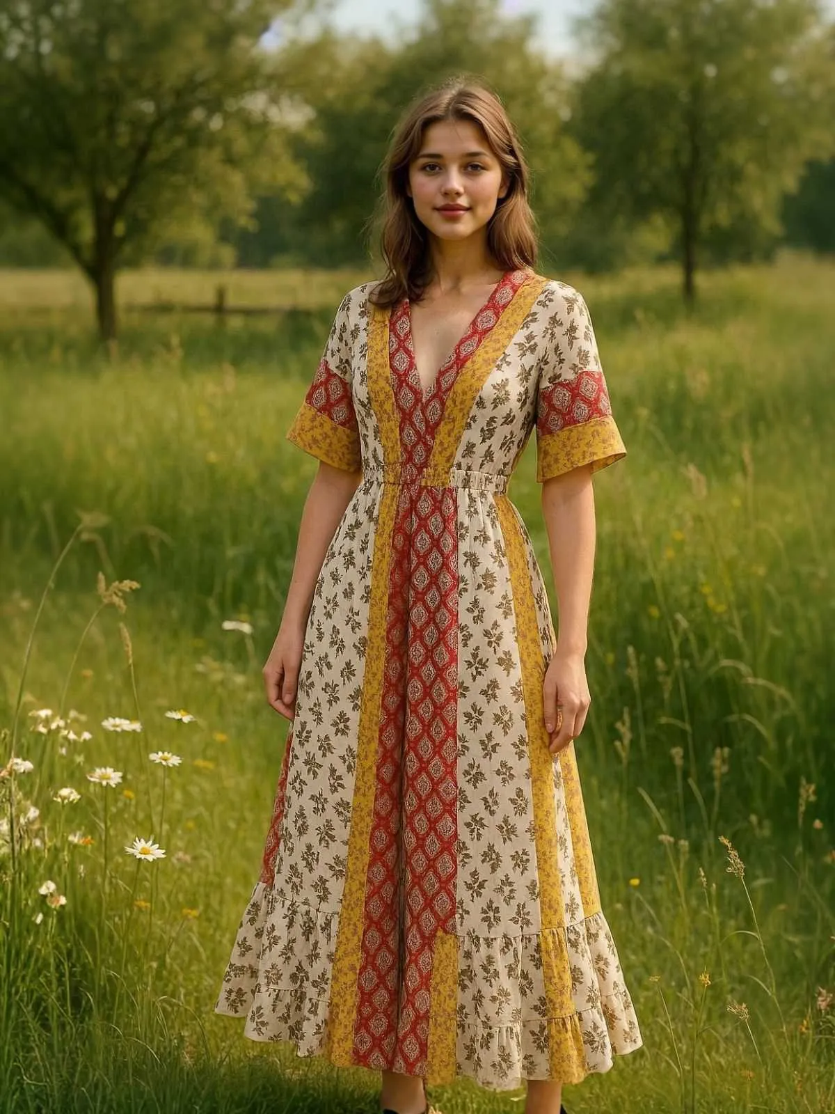 Yellow 1970s Bohemian Floral Tribal Pattern Jumpsuit sold by Retro Stage product image thumbnail 2