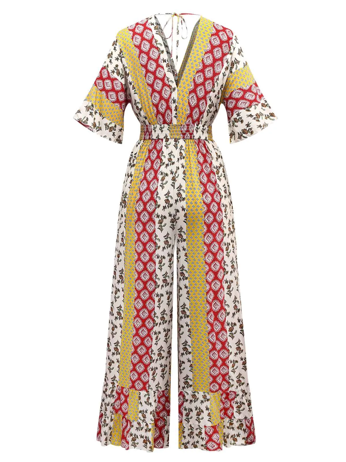 Yellow 1970s Bohemian Floral Tribal Pattern Jumpsuit sold by Retro Stage product image thumbnail 3