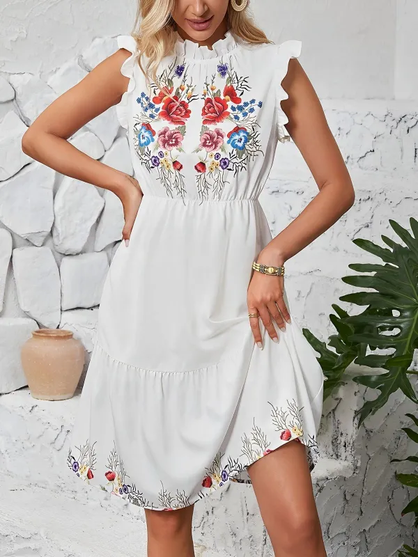 White 1940s Floral Ruffled Sleeveless Dress sold by Retro Stage