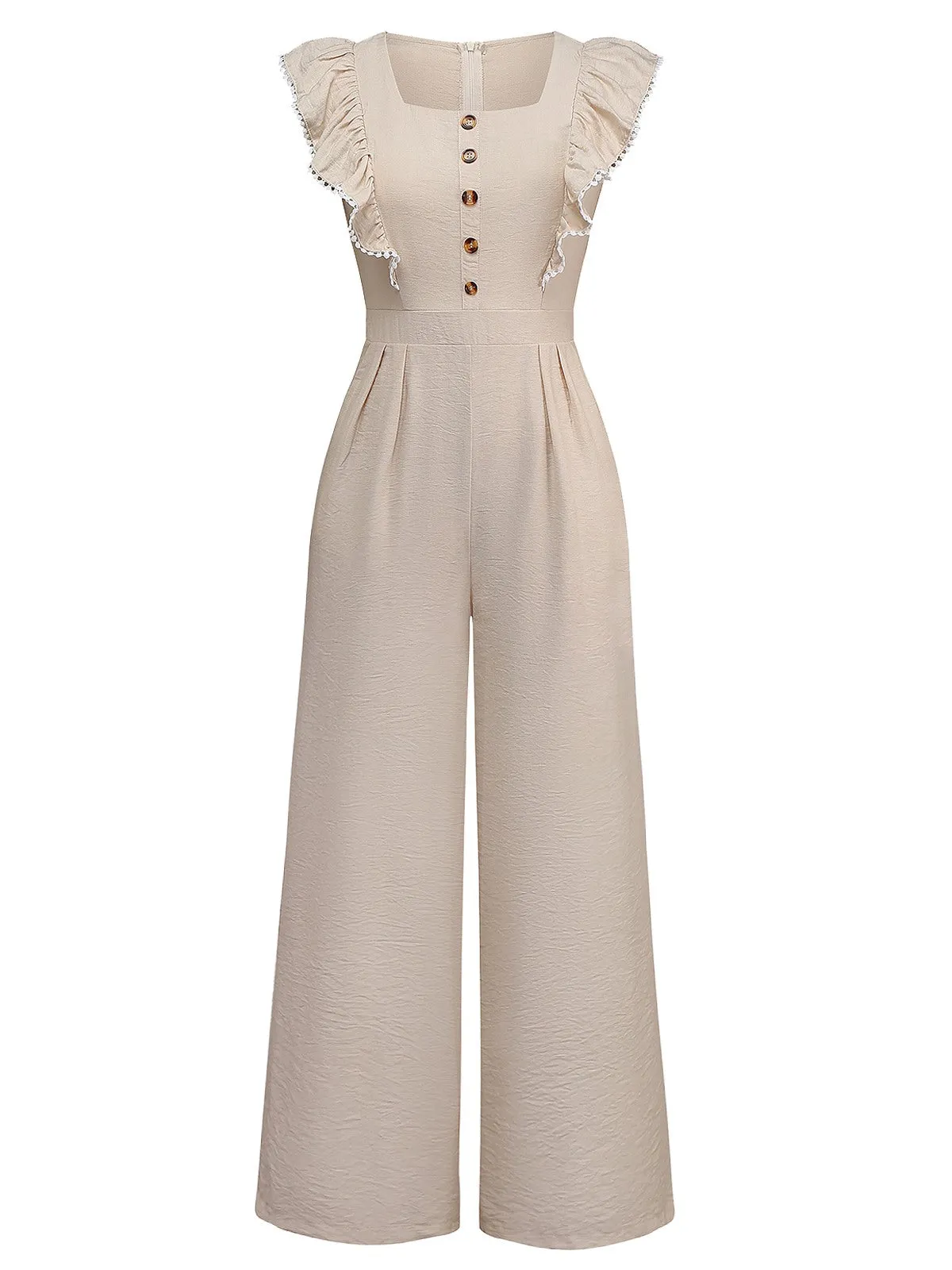 Beige 1950s Solid Ruffled Cap Sleeves Jumpsuit sold by Retro Stage