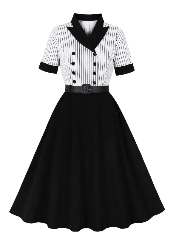 Black 1950s Vertical Stripe Patchwork Lapel Dress sold by Retro Stage