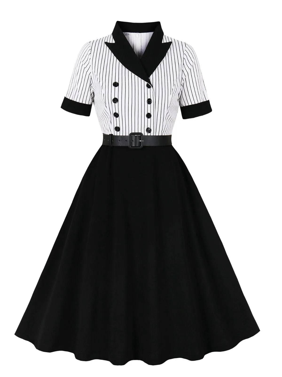 Black 1950s Vertical Stripe Patchwork Lapel Dress sold by Retro Stage