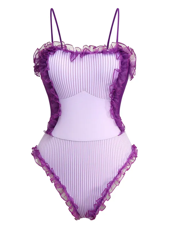 Lavender 1950s Stripe Mesh Ruffle One-Piece Swimsuit sold by Retro Stage