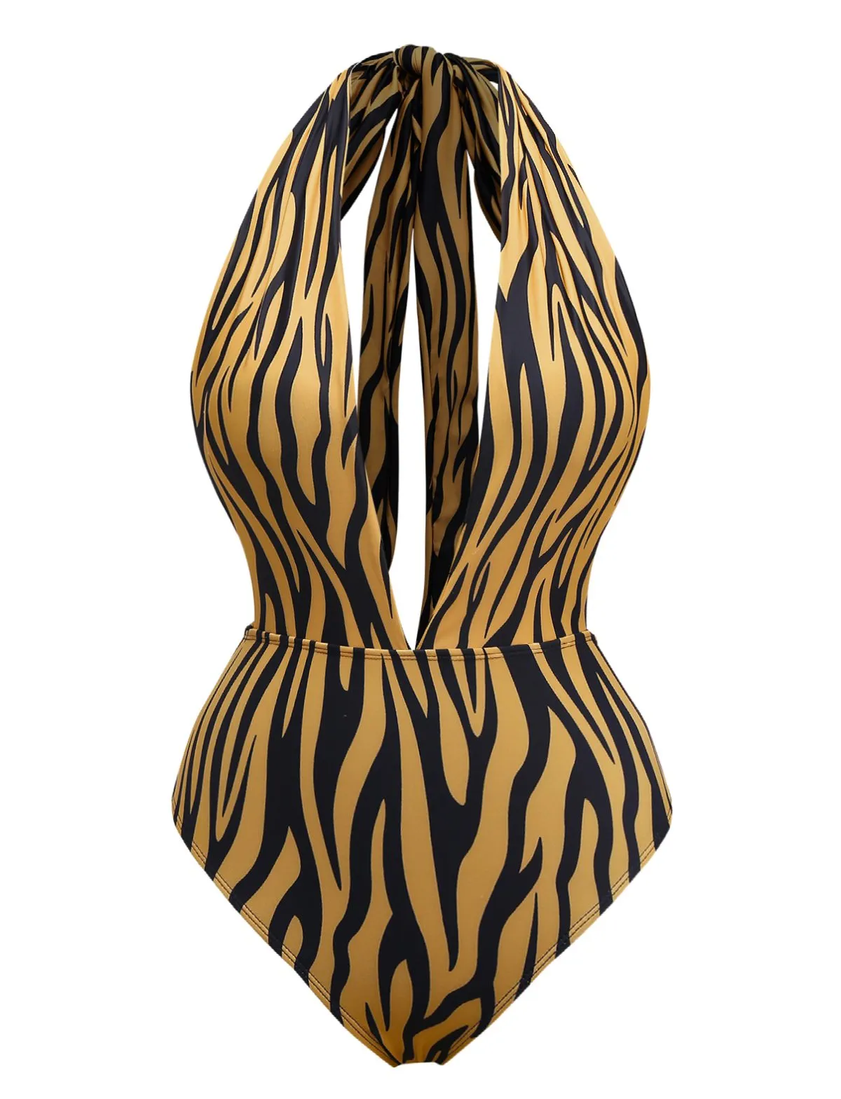 Brown 1960s Deep-V Zebra Stripe One-Piece Swimsuit sold by Retro Stage