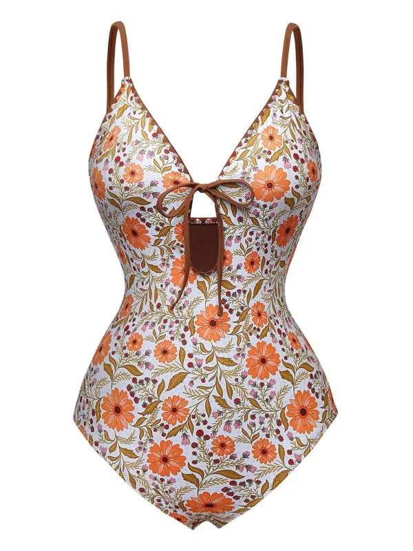 Khaki 1950s Floral Keyhole One-Piece Swimsuit sold by Retro Stage