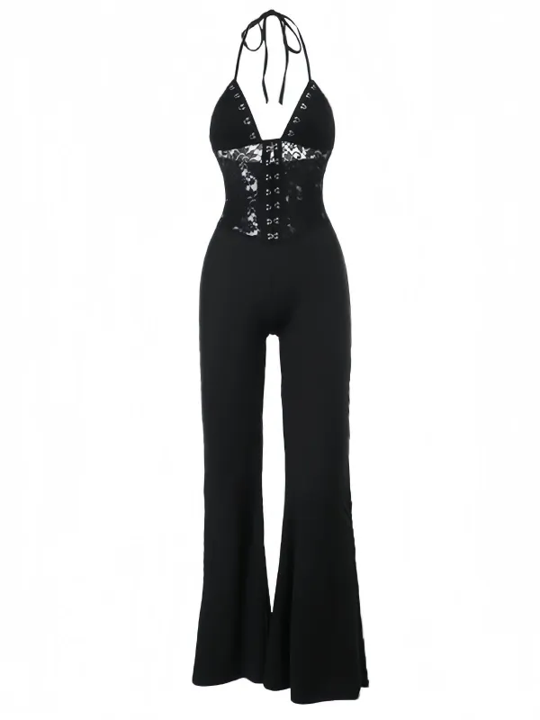 Black 1930s Halter Lace Bell-Bottom Jumpsuit sold by Retro Stage