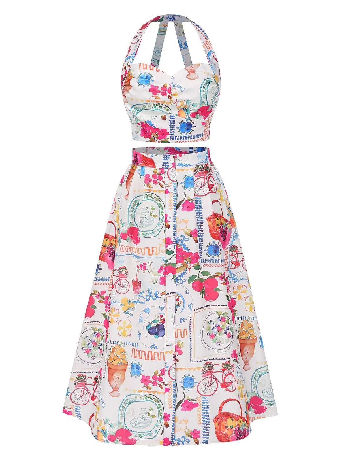 2PCS 1950s All-Over Stamps Crop Top & Skirt sold by Retro Stage