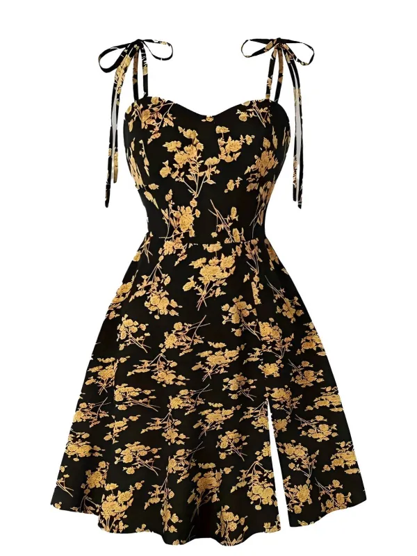 [Plus Size] Orange 1940s Ditsy Floral Spaghetti Strap Lace-Up Dress sold by Retro Stage