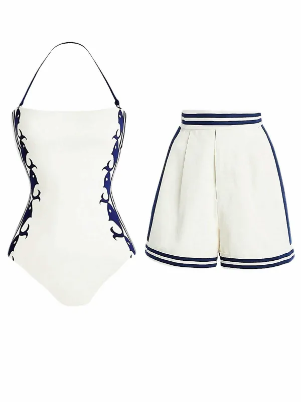 1940s Halter Swimsuit & Sailor-Stripe Shorts Set sold by Retro Stage