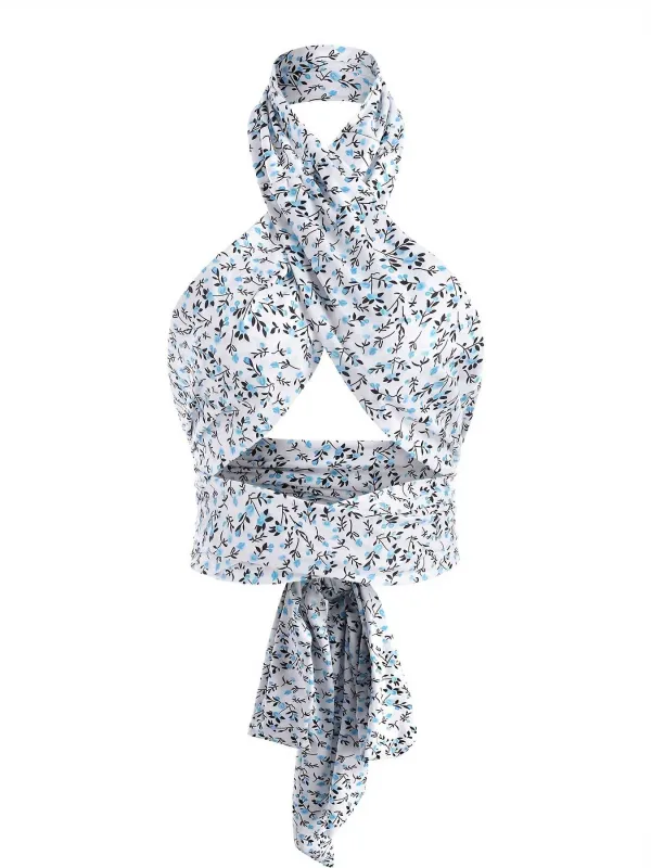 Blue 1950s Ditsy Floral Lace-Up Crop Camisole sold by Retro Stage