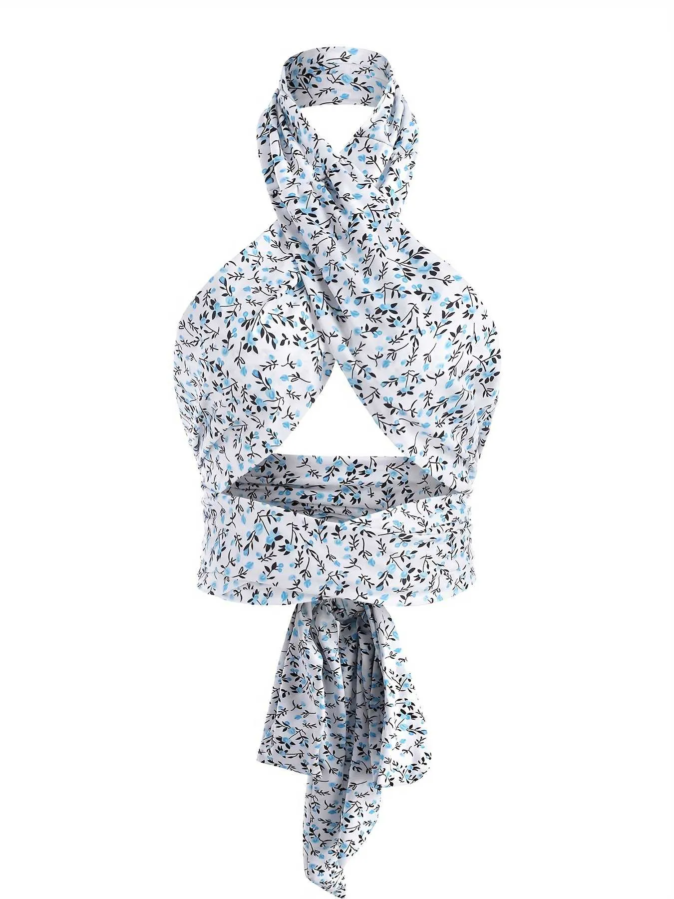 Blue 1950s Ditsy Floral Lace-Up Crop Camisole sold by Retro Stage