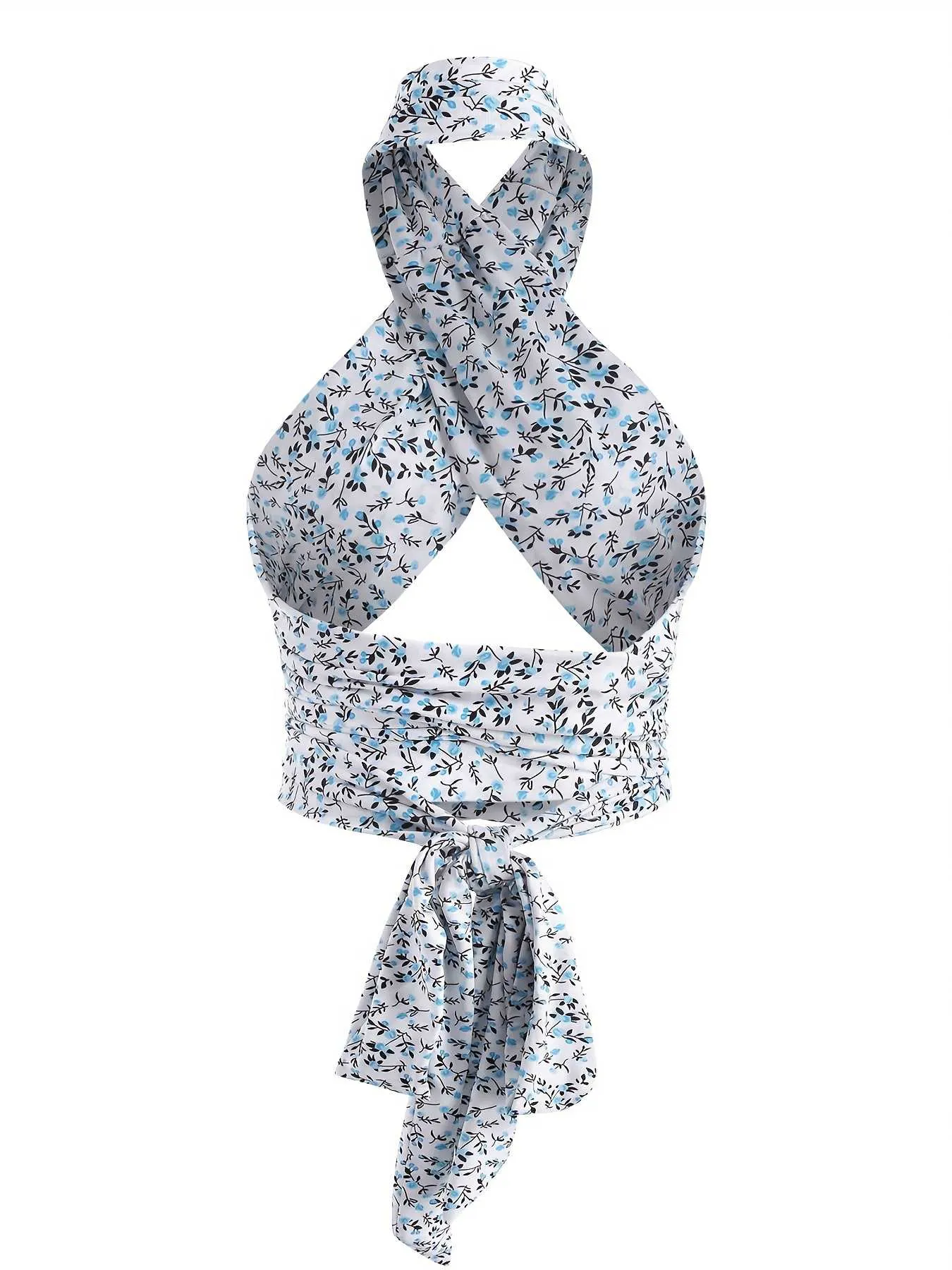 Blue 1950s Ditsy Floral Lace-Up Crop Camisole sold by Retro Stage product image thumbnail 2