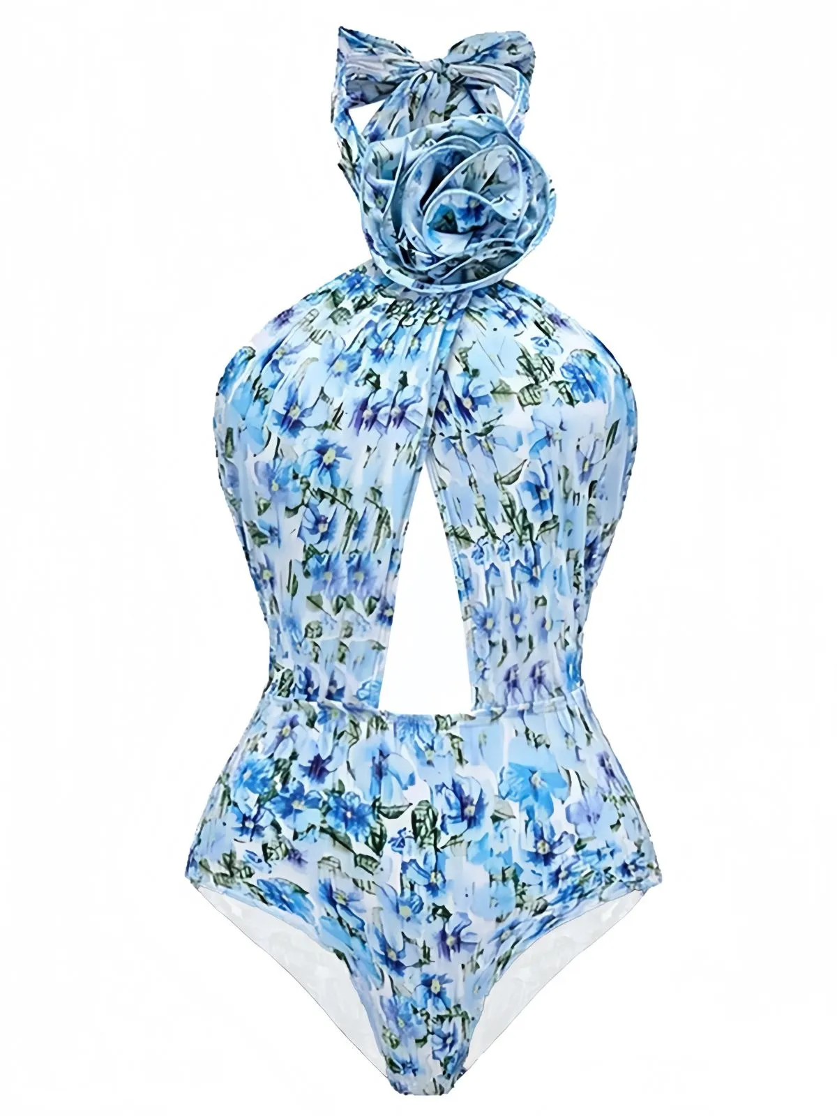 Blue 1930s Halter Floral Print 3D Rose Swimsuit sold by Retro Stage