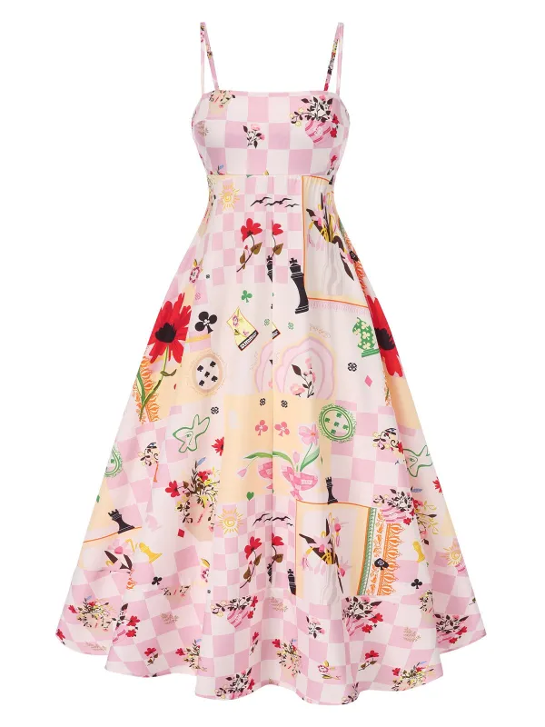 Multicolor 1940s Checkerboard Floral Spaghetti Straps Dress sold by Retro Stage