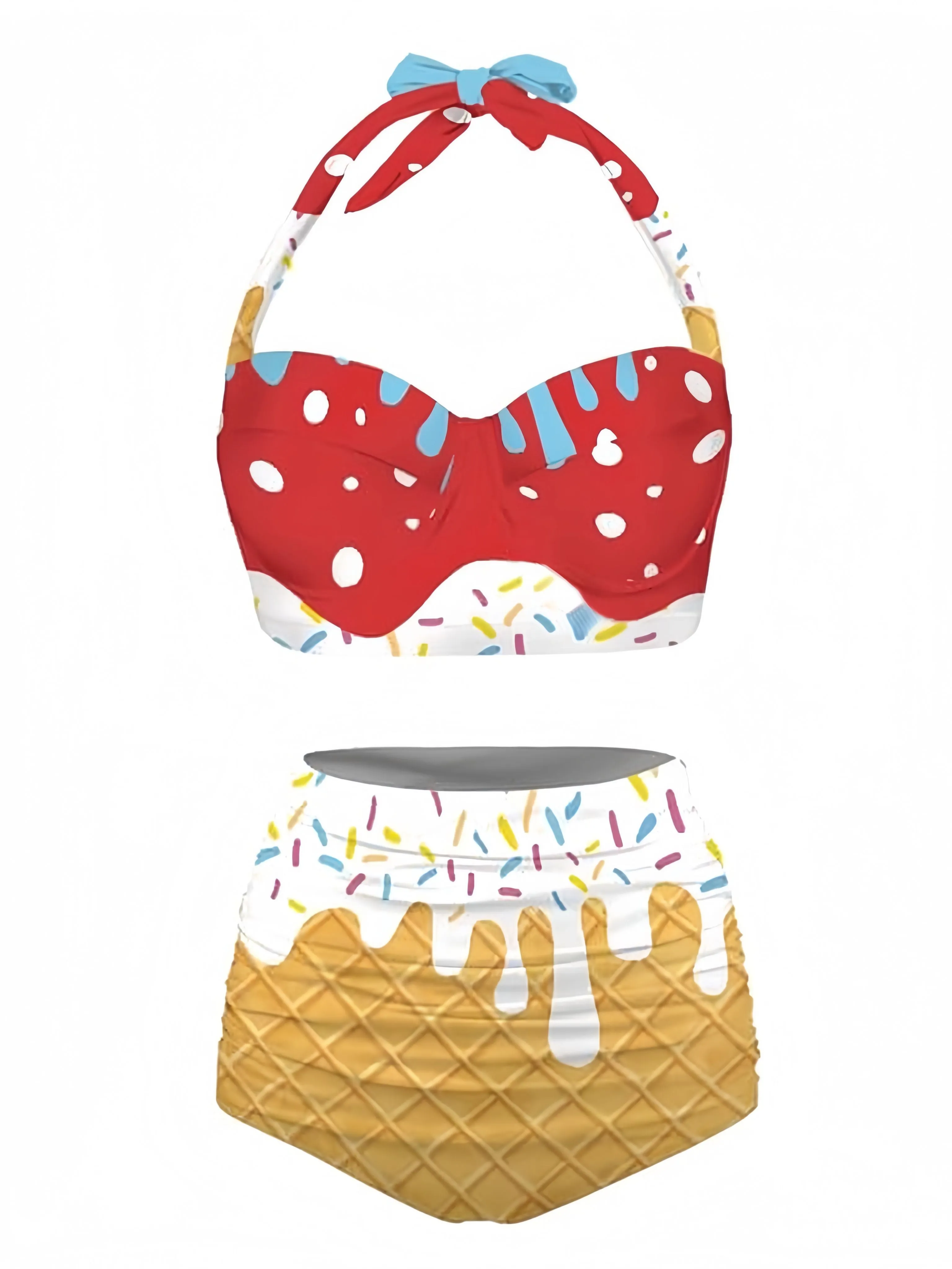 Red 1970s Halter Ice-Cream Cone Bikini Set sold by Retro Stage