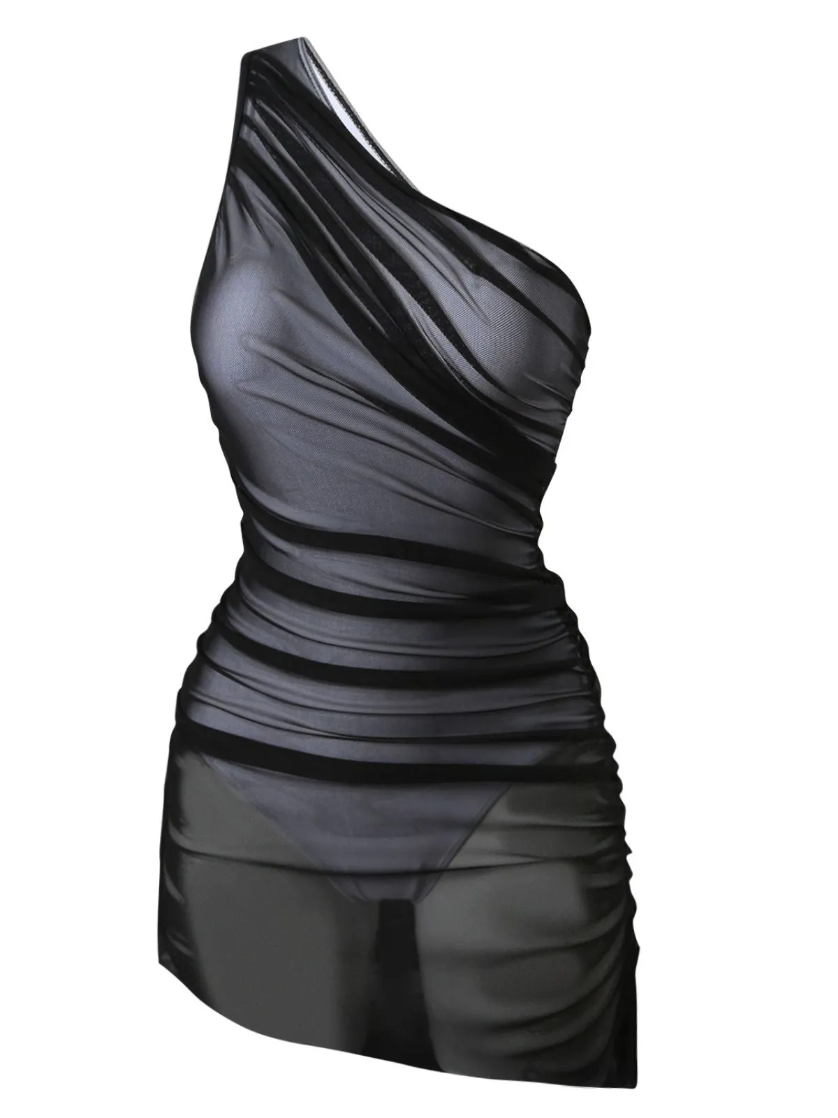 1940s Solid Mesh Pleated One-Shoulder Swimsuit sold by Retro Stage