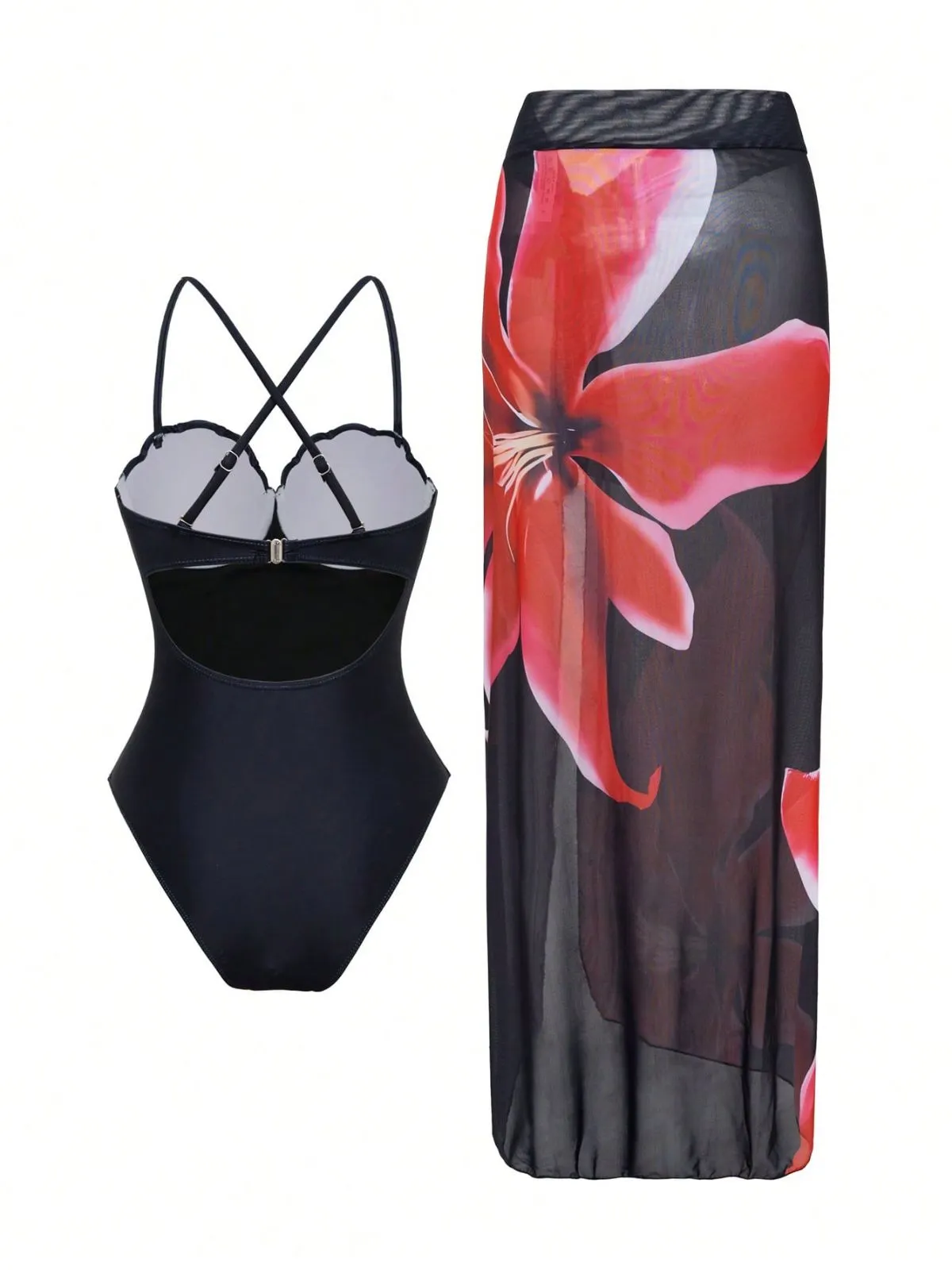 2PCS Black 1950s Floral Swimsuit & Cover-Up sold by Retro Stage product image thumbnail 2