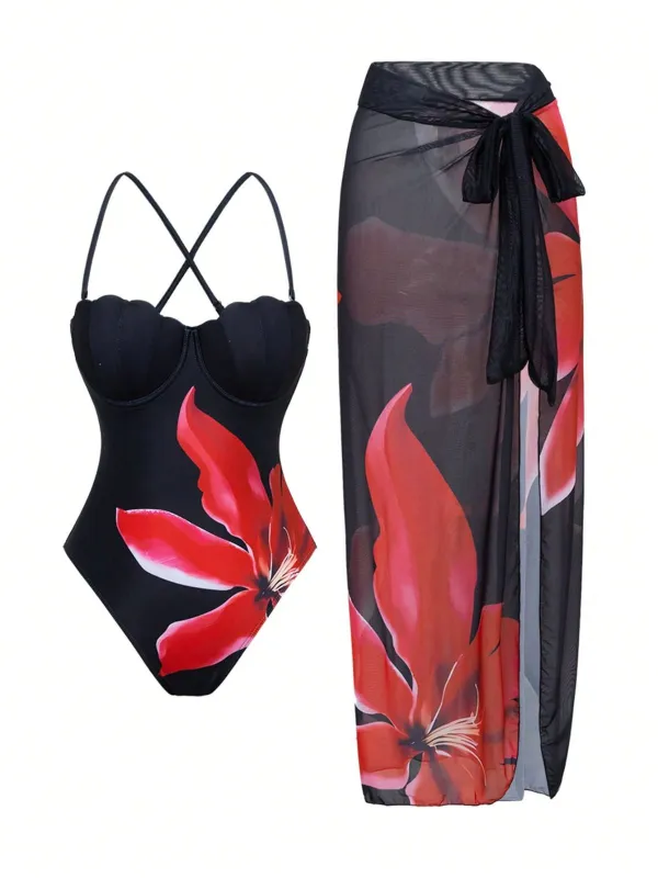2PCS Black 1950s Floral Swimsuit & Cover-Up sold by Retro Stage