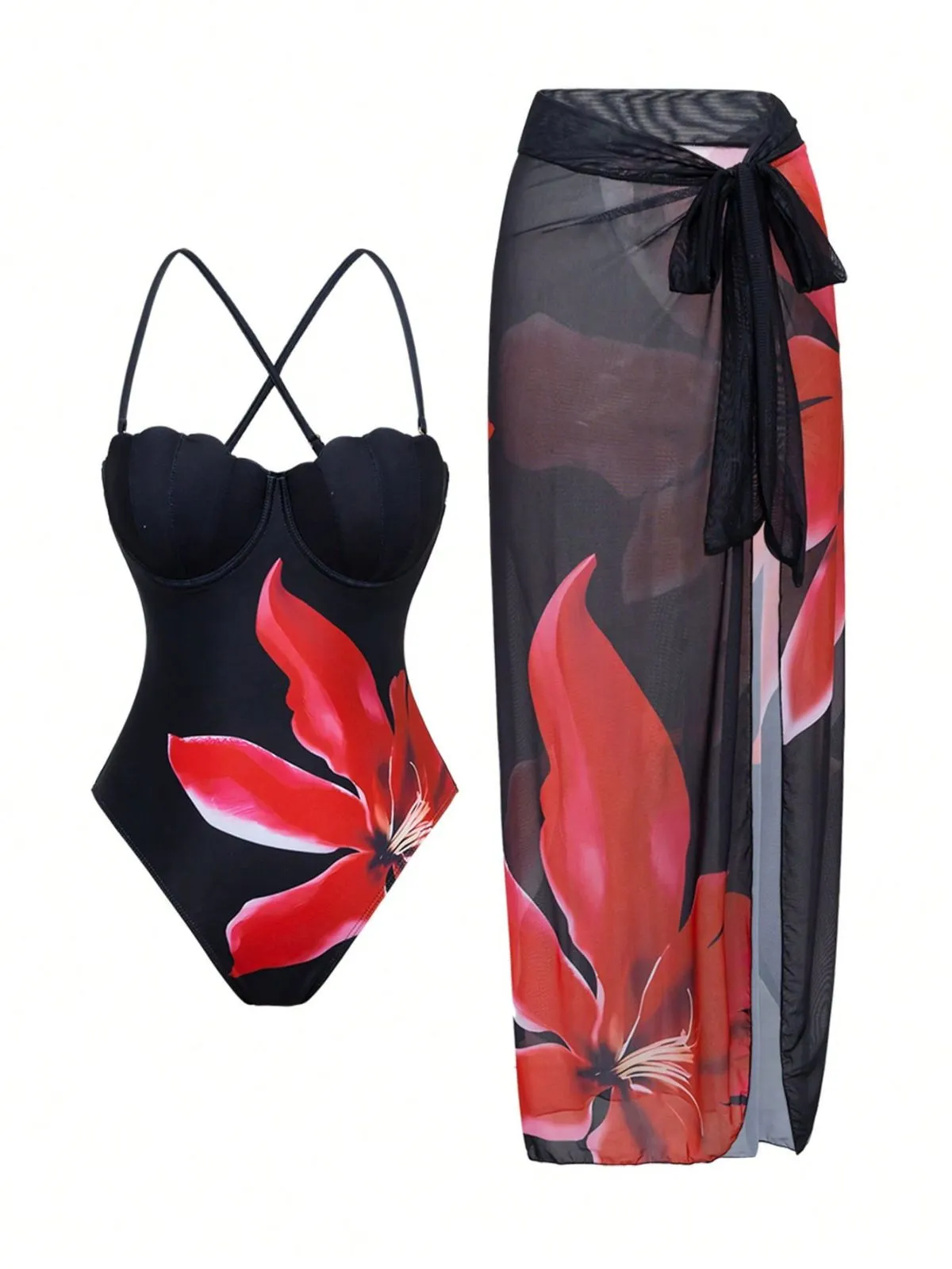 2PCS Black 1950s Floral Swimsuit & Cover-Up sold by Retro Stage