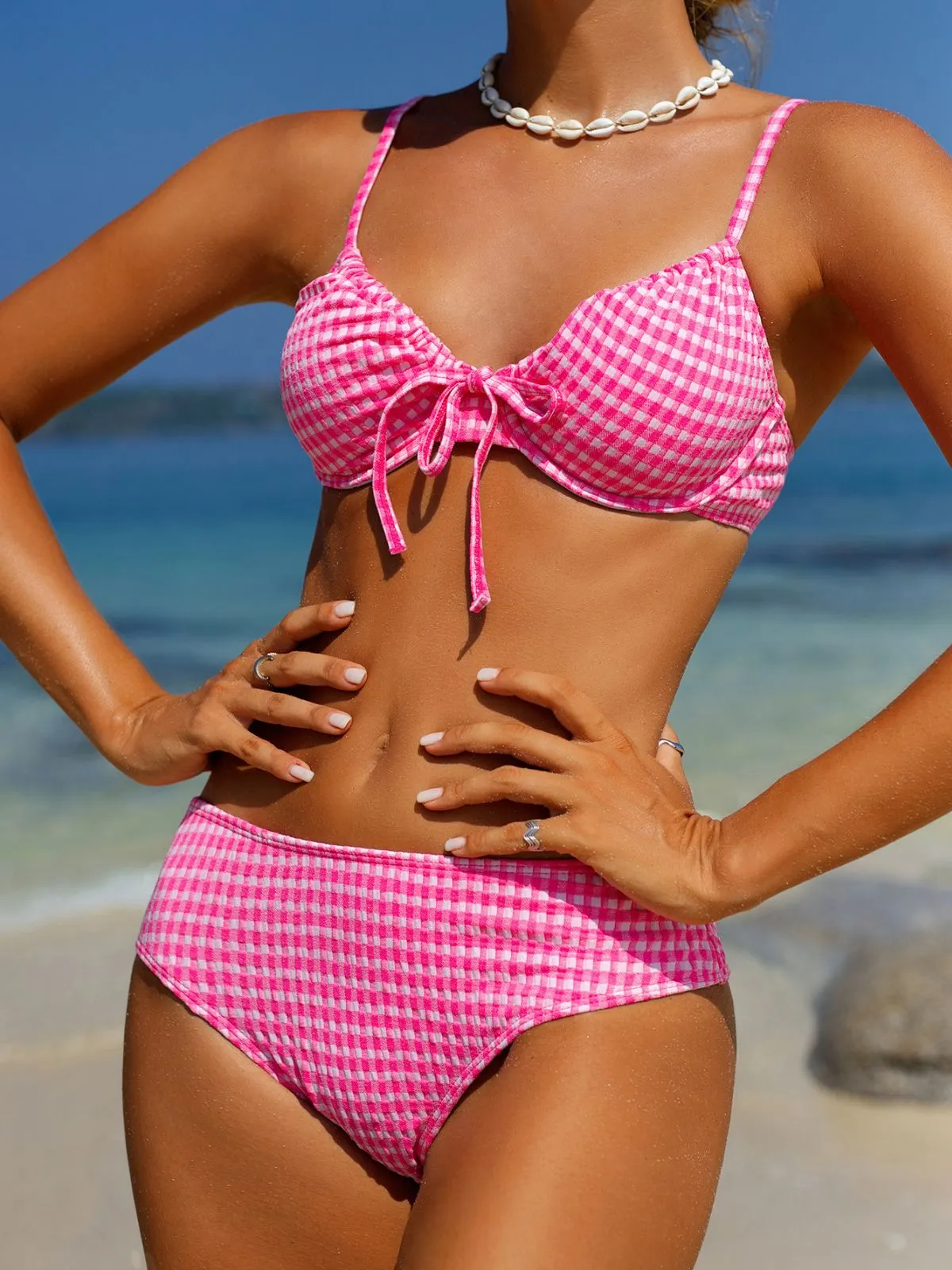 Pink 1950s Plaid Lace-Up Bikini Set sold by Retro Stage product image thumbnail 2