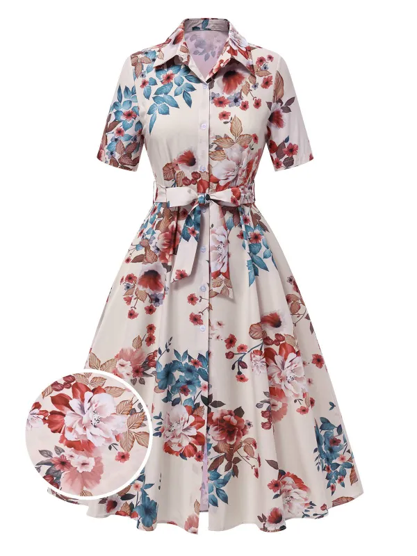 Apricot 1940s Floral Belted Lapel Dress sold by Retro Stage