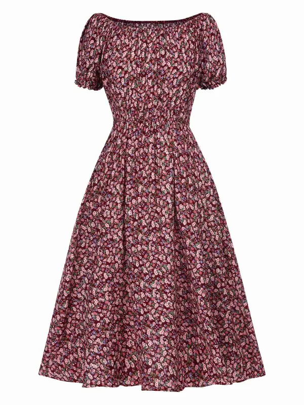 Red 1940s Puff Sleeves Ditsy Floral Dress sold by Retro Stage